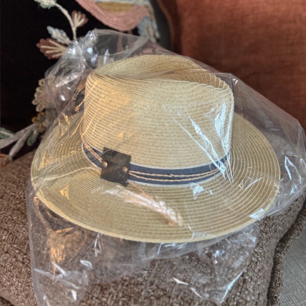 Straw Sun Hat with Navy Trim